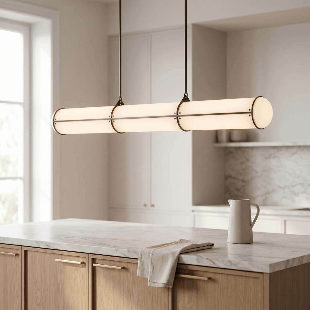 Angled view of the black Acrylic Endless kitchen island pendant light in a bright contemporary kitchen
