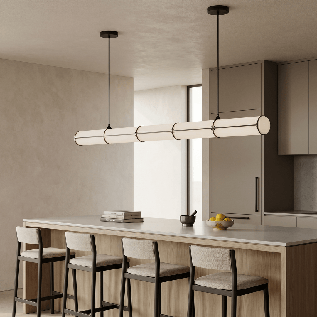Black Acrylic Endless linear pendant light above a light wood kitchen island with four counter stools