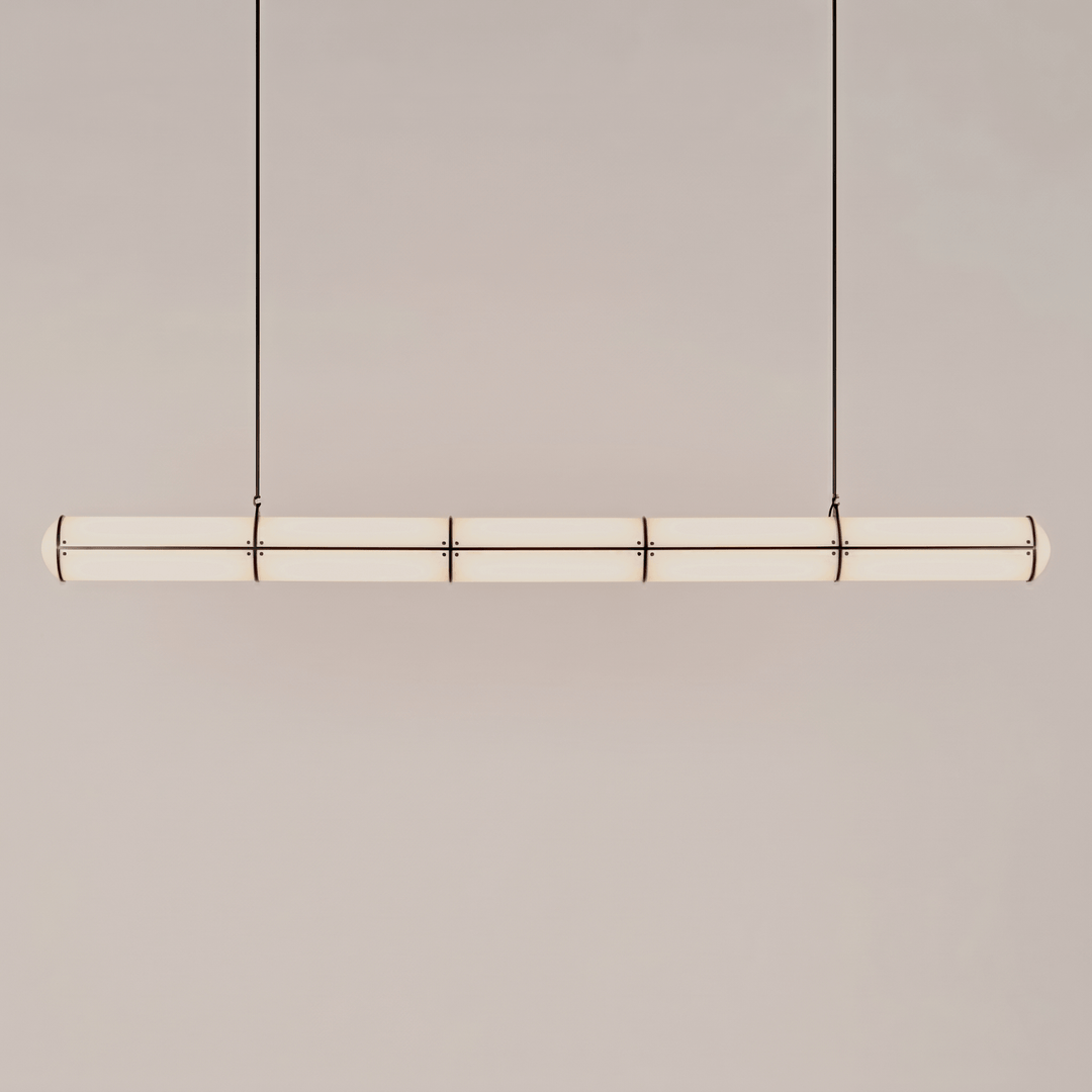 Long black Acrylic Endless linear pendant light with a glowing segmented acrylic diffuser
