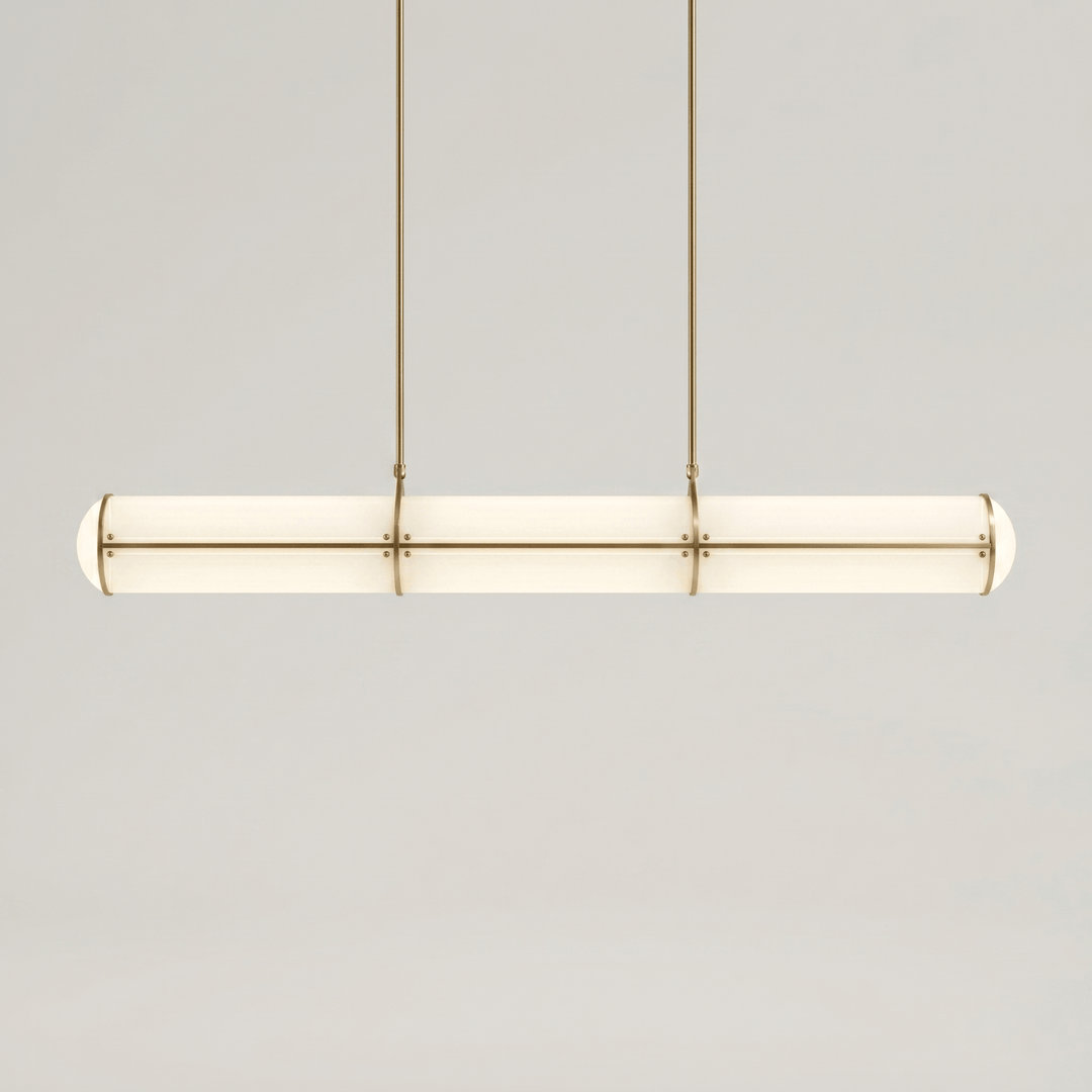 Front product view of the brass Acrylic Endless linear pendant light with a softly illuminated acrylic shade