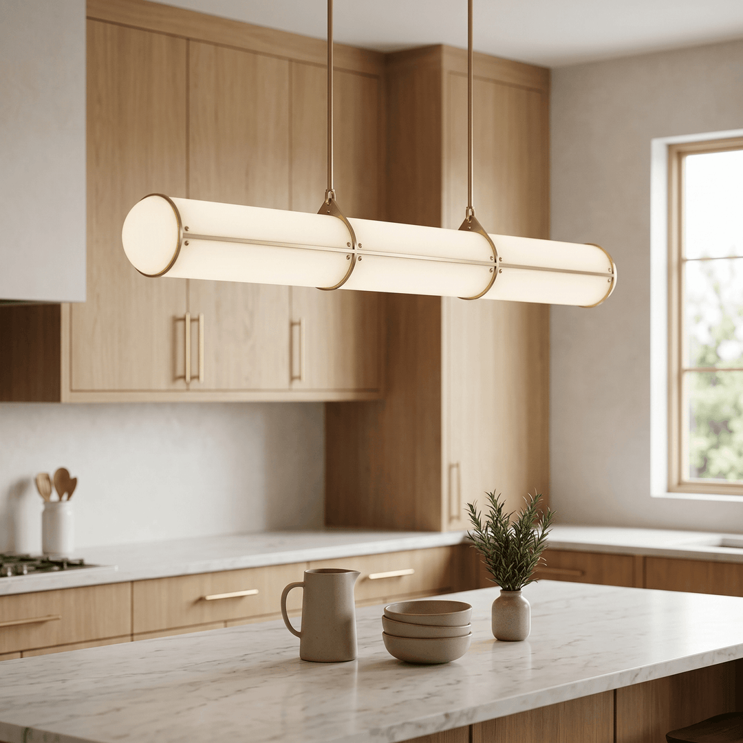 Close view of the brass Acrylic Endless kitchen island pendant light in a light wood and marble kitchen