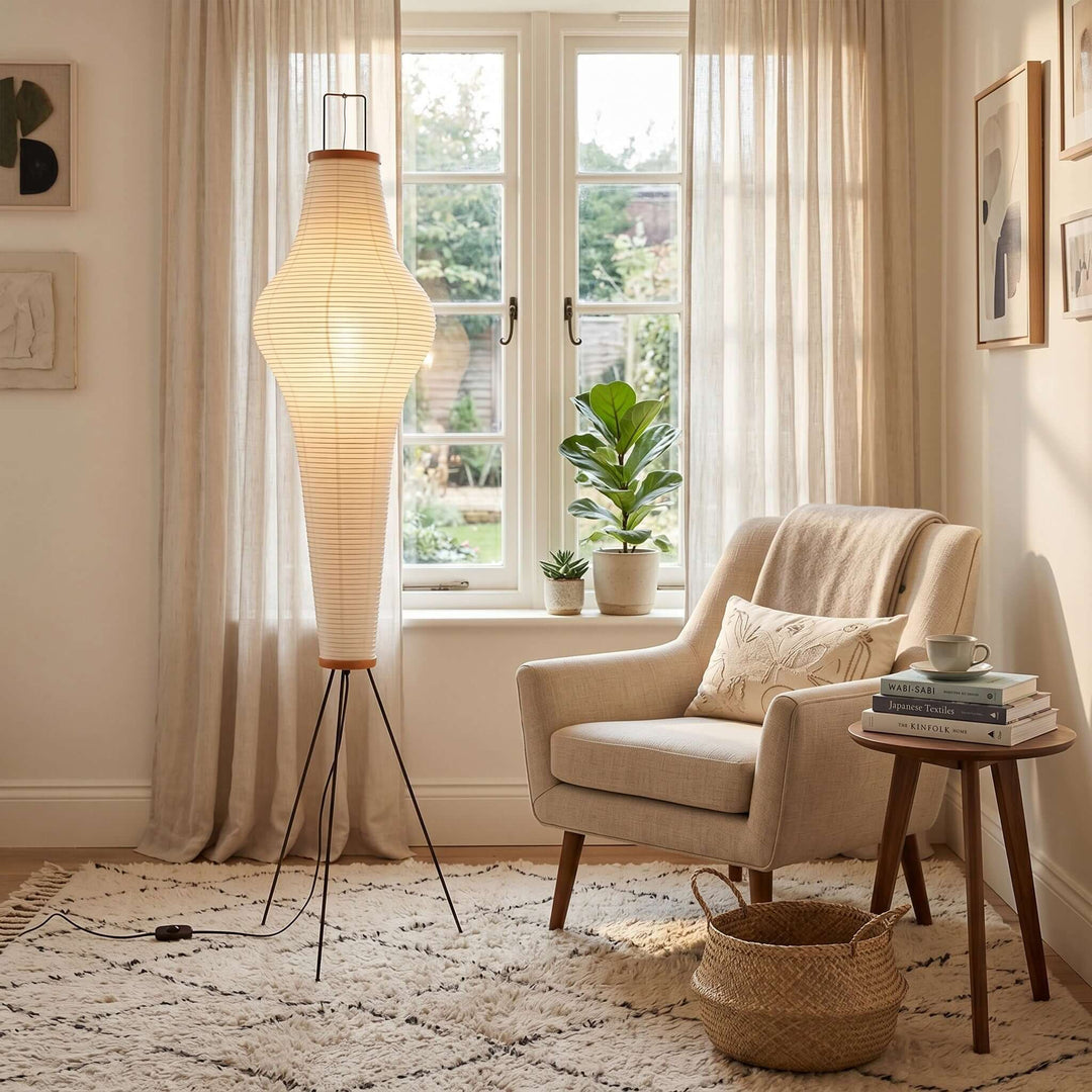 Akari 14A washi paper floor lamp beside a beige armchair and side table in a sunlit reading corner.