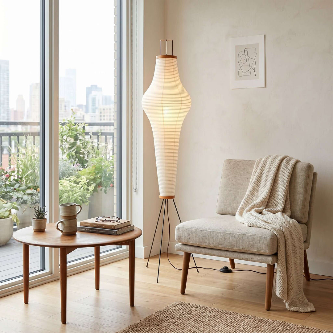 Akari 14A white paper floor lamp glowing beside a lounge chair and round wood table in a bright living room.