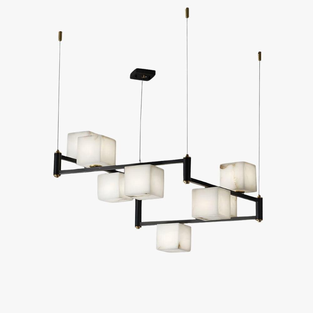 Mid century modern alabaster square box chandelier with six cube-shaped shades and sleek black metal frame.