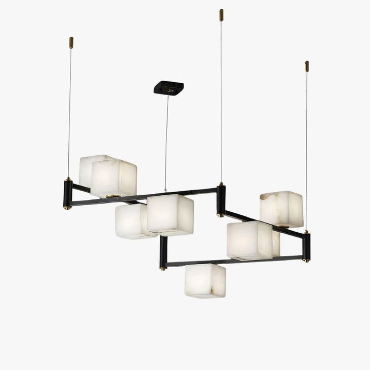 Mid century modern alabaster square box chandelier with six cube-shaped shades and sleek black metal frame.