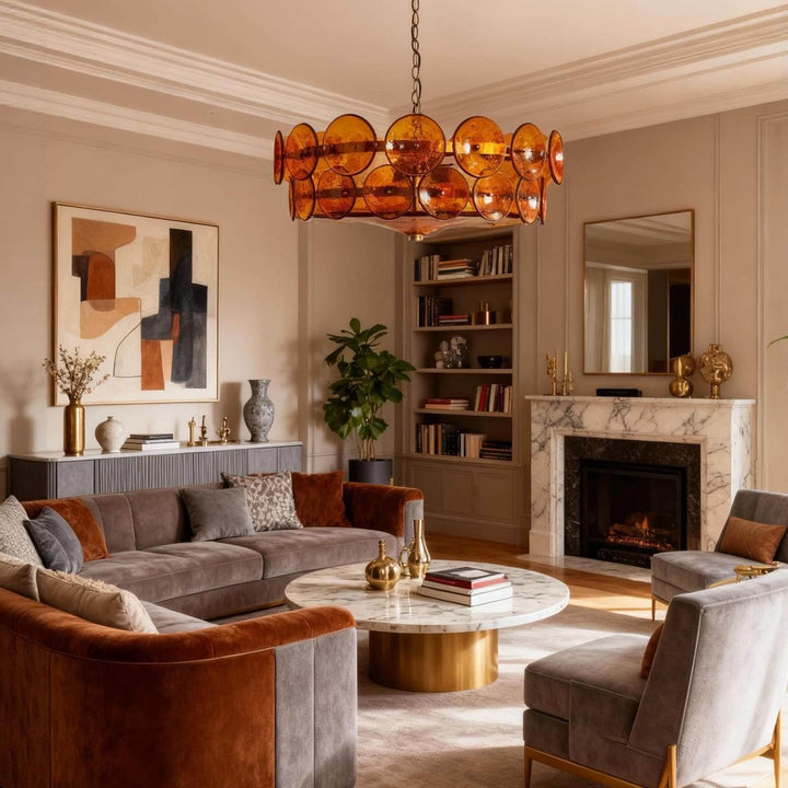 Amber glass living room chandelier with overlapping round discs and a bronze frame