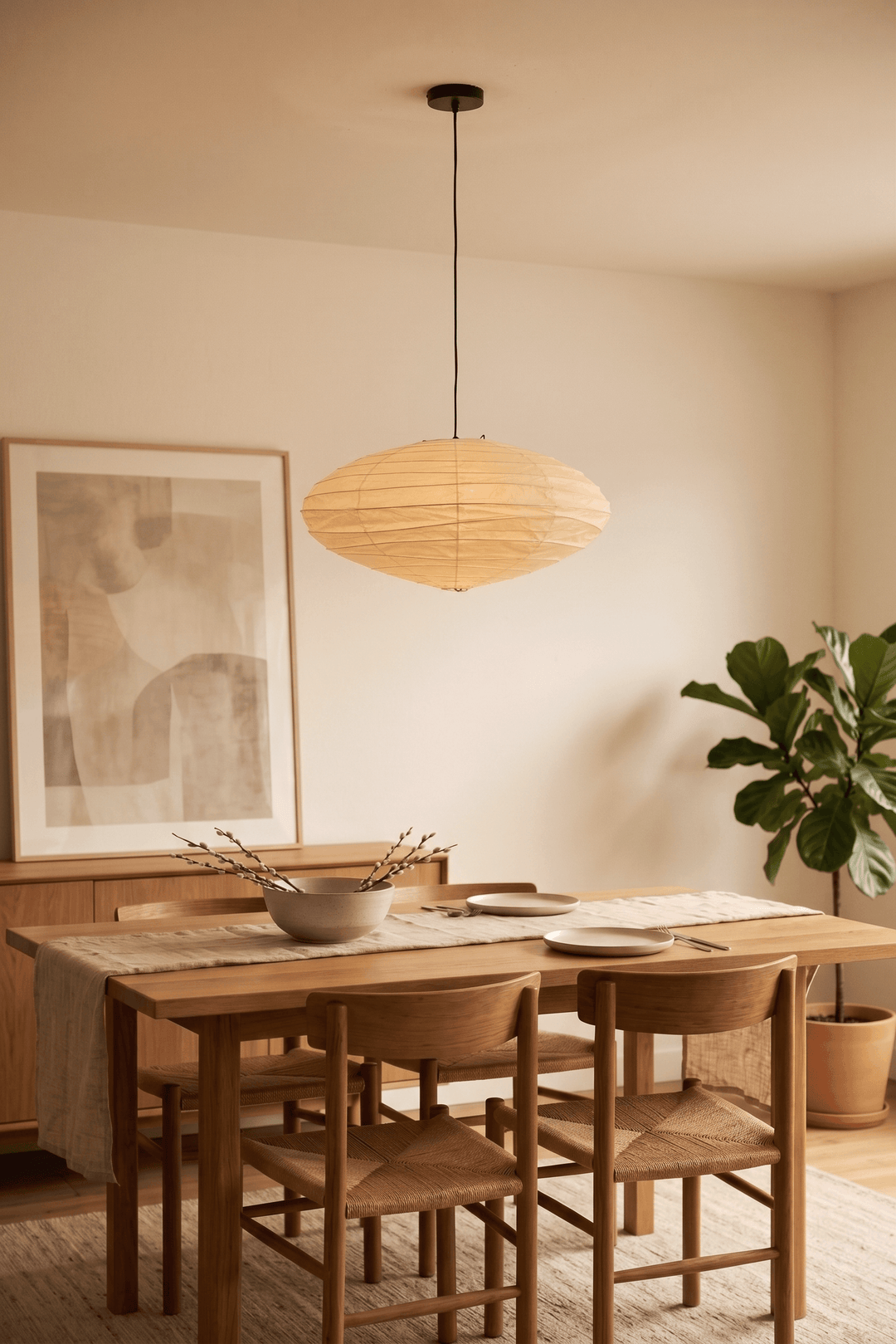 Black cord washi paper pendant light above a wood dining table.
