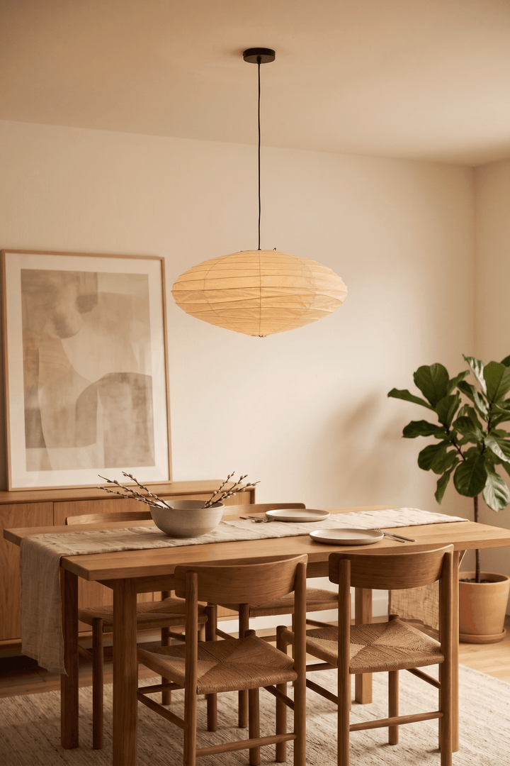 Black cord washi paper pendant light above a wood dining table.