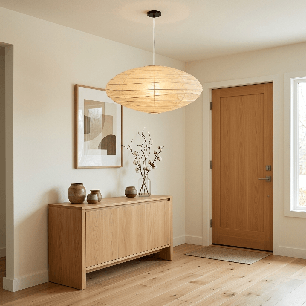 Black cord washi paper pendant light above a wood console near an entry door.