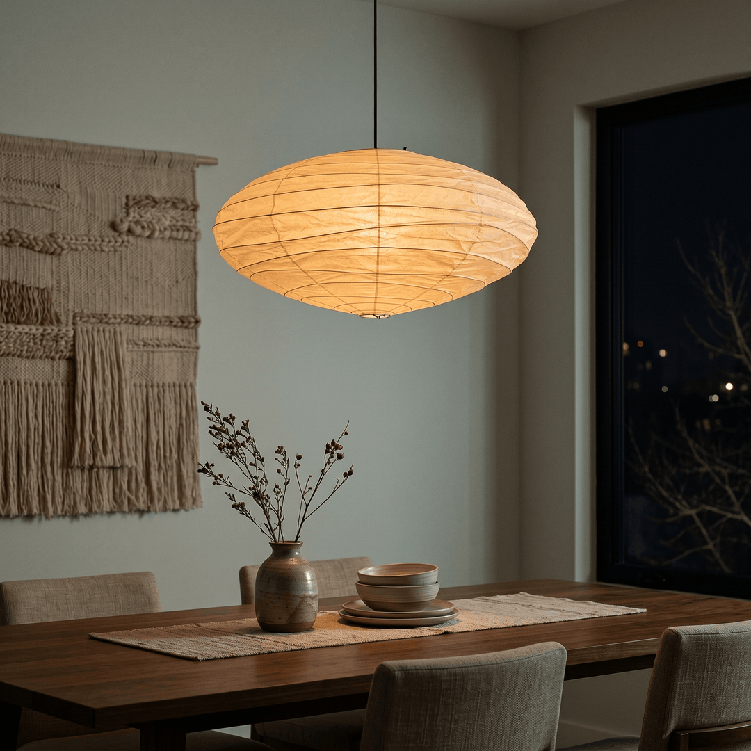 Black cord washi paper pendant light above a dining table at night.