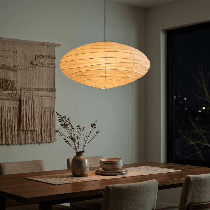 Black cord washi paper pendant light above a dining table at night.