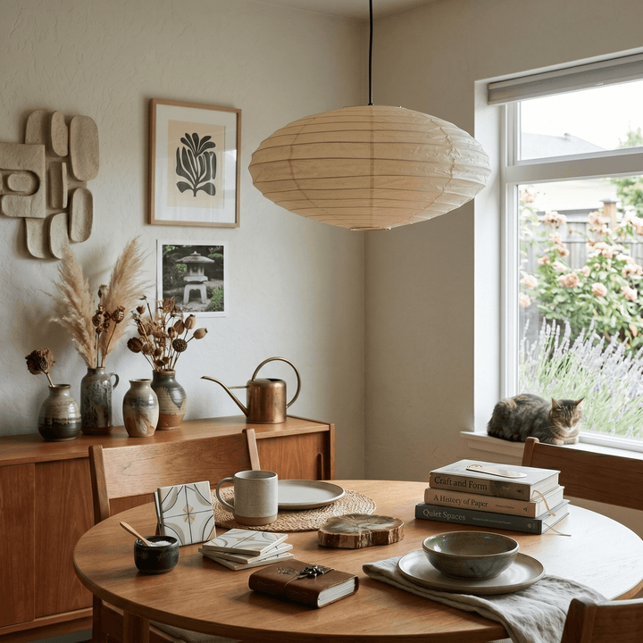 Black cord washi paper pendant light above a round dining table.