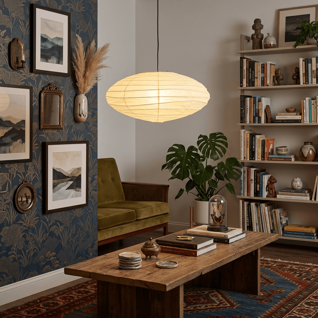 Black cord washi paper pendant light in a styled living room with bookshelves.