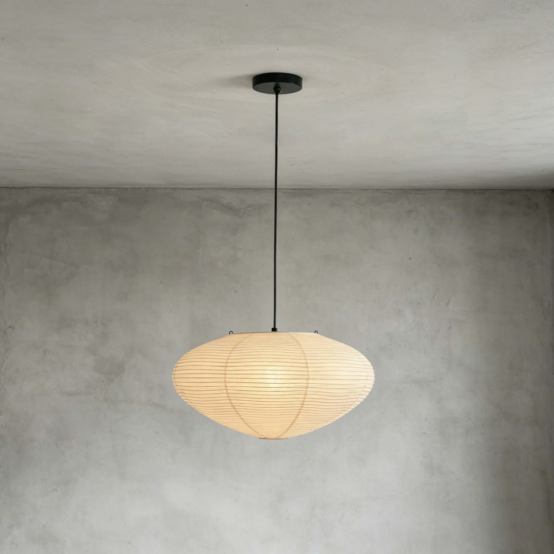 Black cord washi paper pendant light shown in a compact front view.
