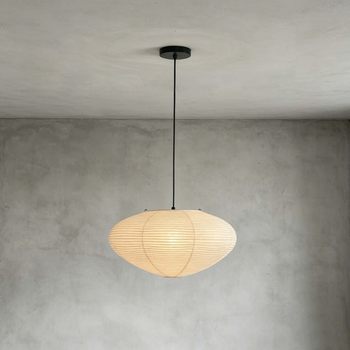 Black cord washi paper pendant light shown in a compact front view.