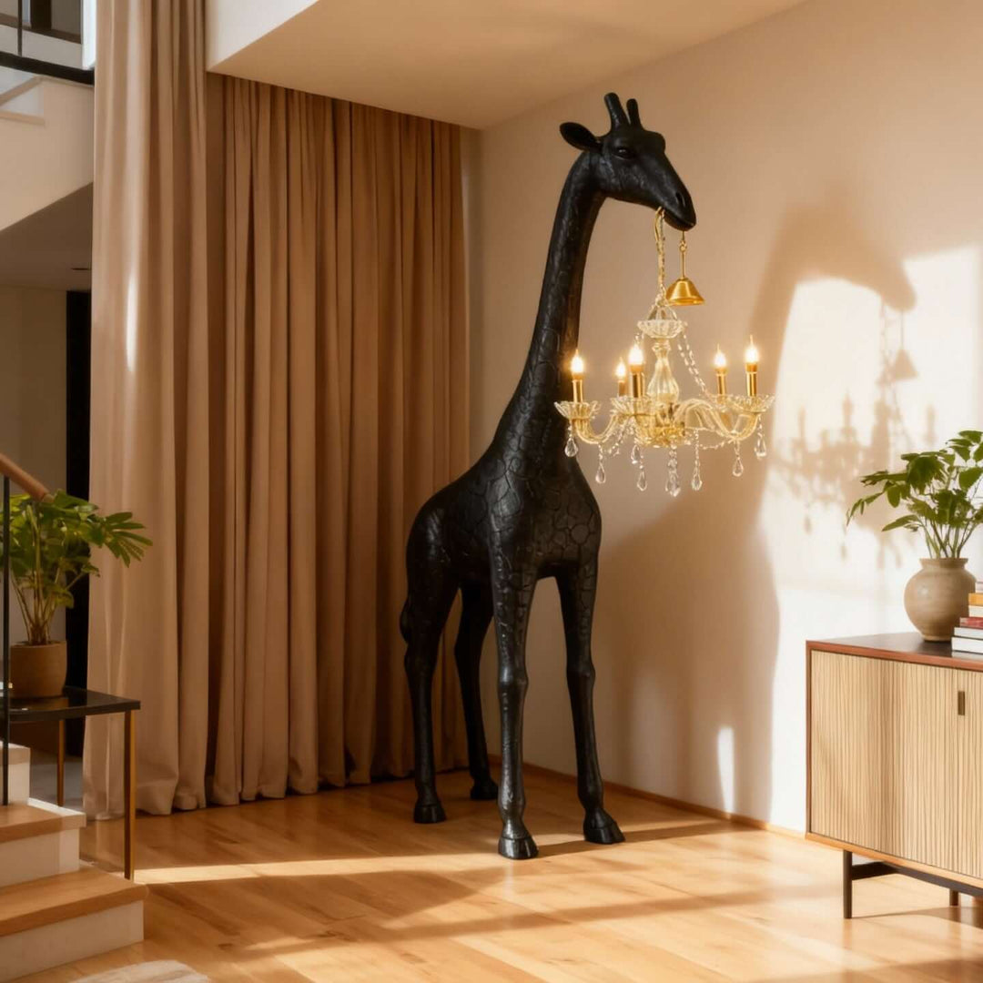 Black and gold giraffe floor lamp illuminating a sunlit living room corner