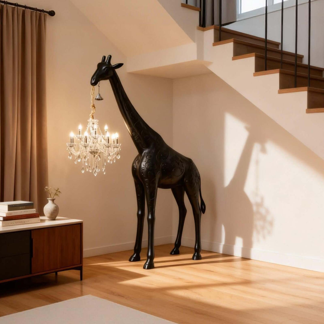Black and silver giraffe floor lamp displayed beneath a modern staircase