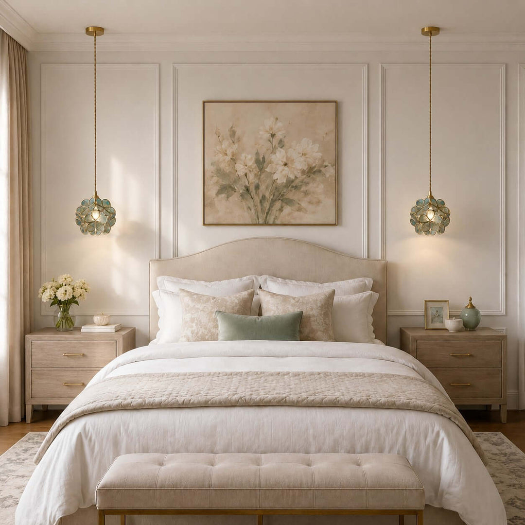 Pair of blue glass petal pendant lights above bedroom nightstands in a neutral interior
