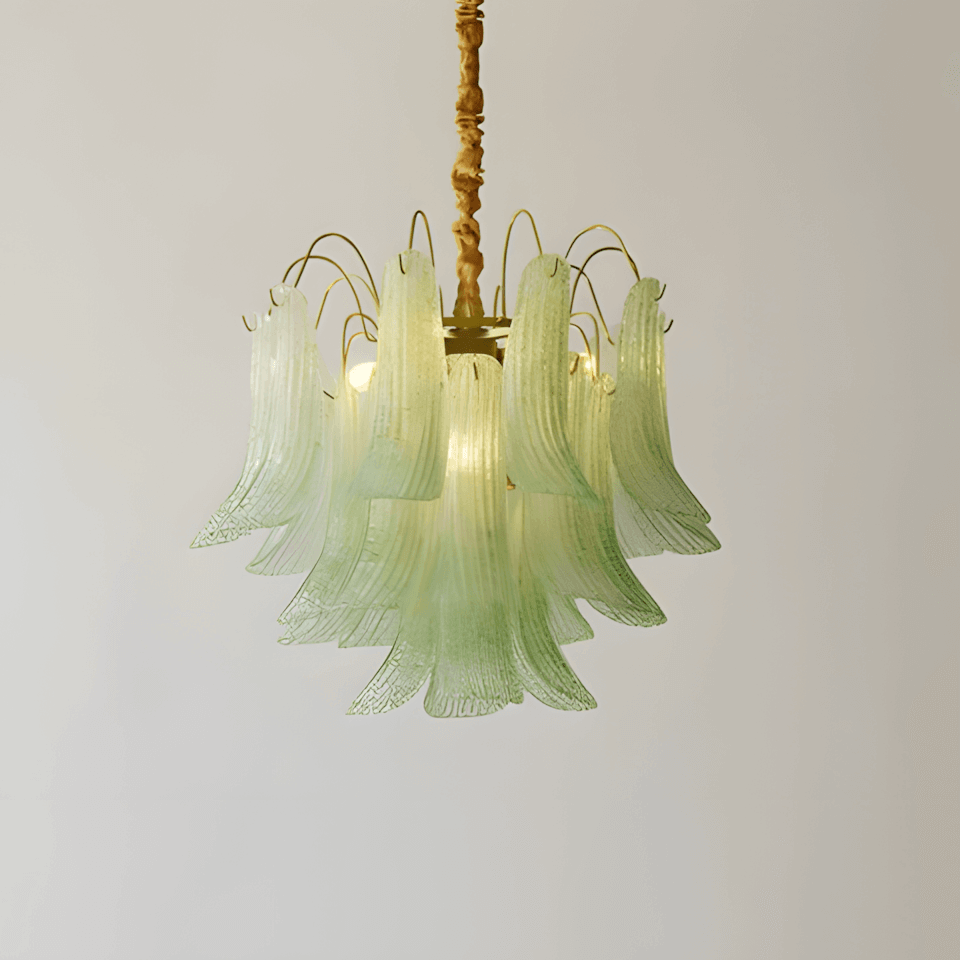 Blue Murano glass chandelier with tiered textured panels and warm interior lights