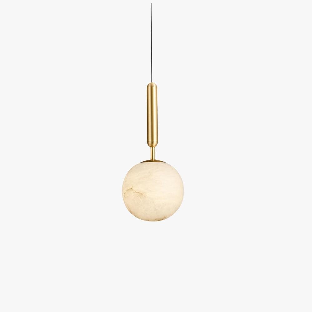 Bosso small alabaster globe pendant light with a brushed brass stem and black suspension cord