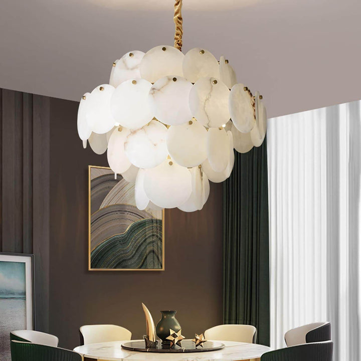 Elegant alabaster multi-tiered chandelier for modern dining room lighting, showcasing unique patterns and mid-century design.