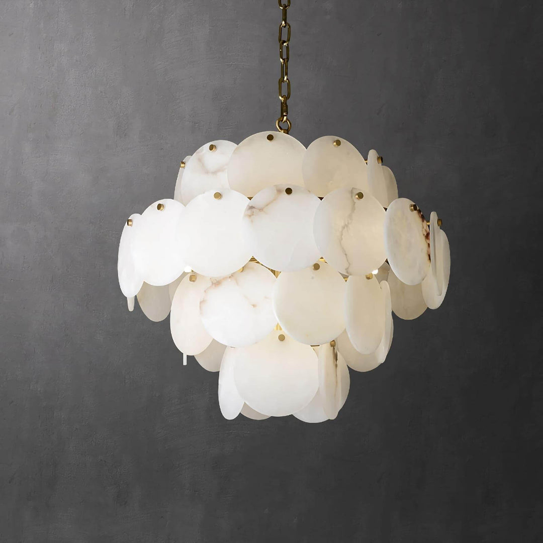 Elegant alabaster multi-tiered chandelier, perfect mid-century modern lighting for a stylish living room.