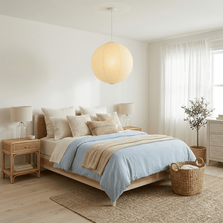 Washi paper globe pendant light in a bright neutral bedroom