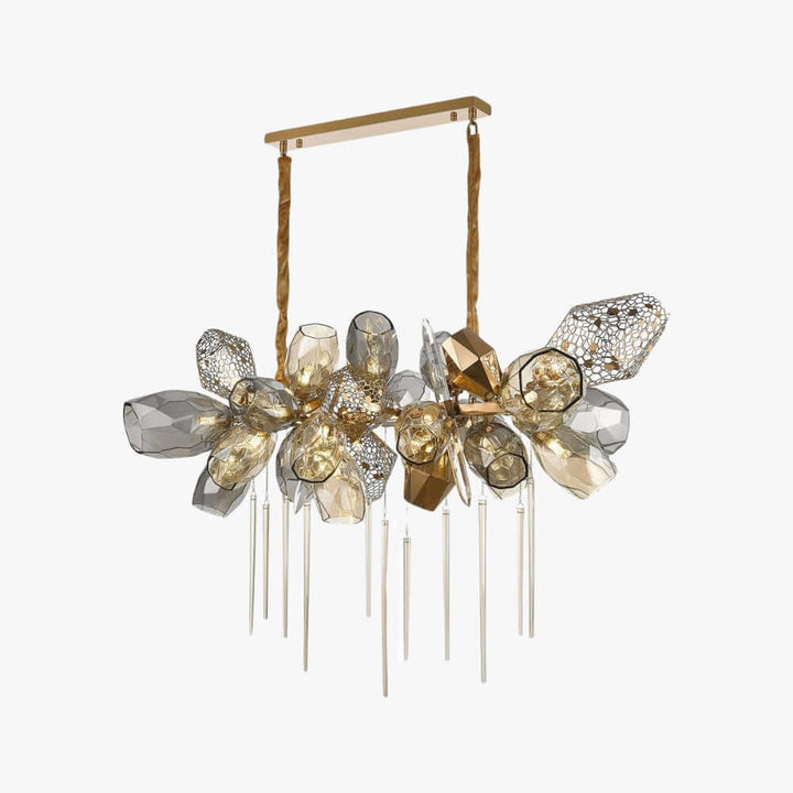 Horizontal Britannica chandelier with a bronze frame, faceted gray and amber glass, mesh accents, and hanging glass rods.