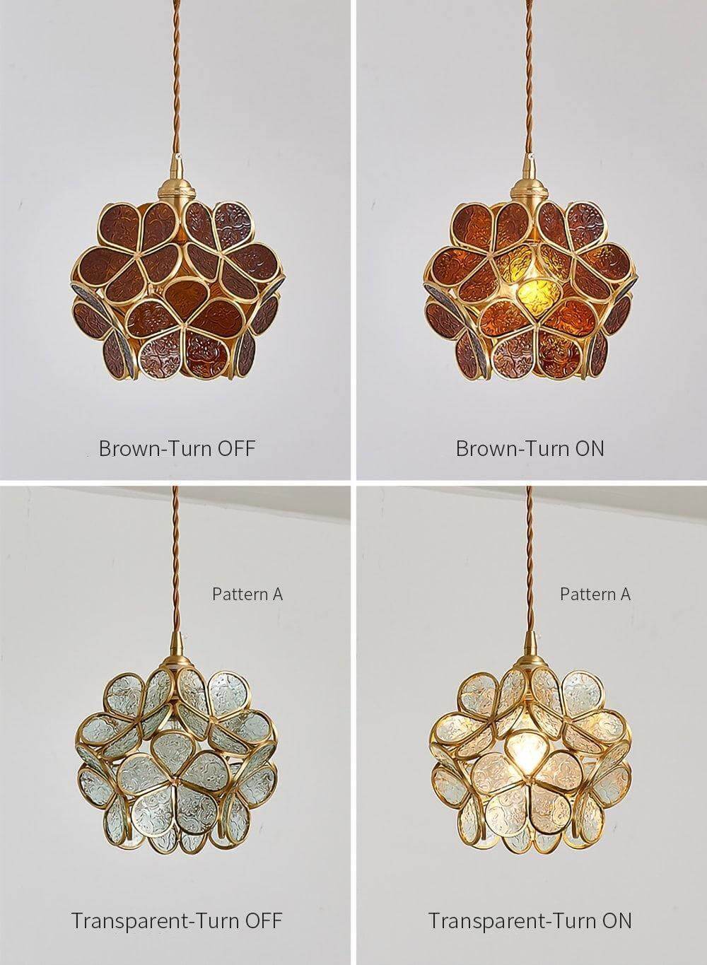 Brown and transparent stained glass petal pendant lights shown with the light on and off