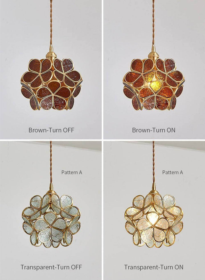 Brown and transparent stained glass petal pendant lights shown with the light on and off