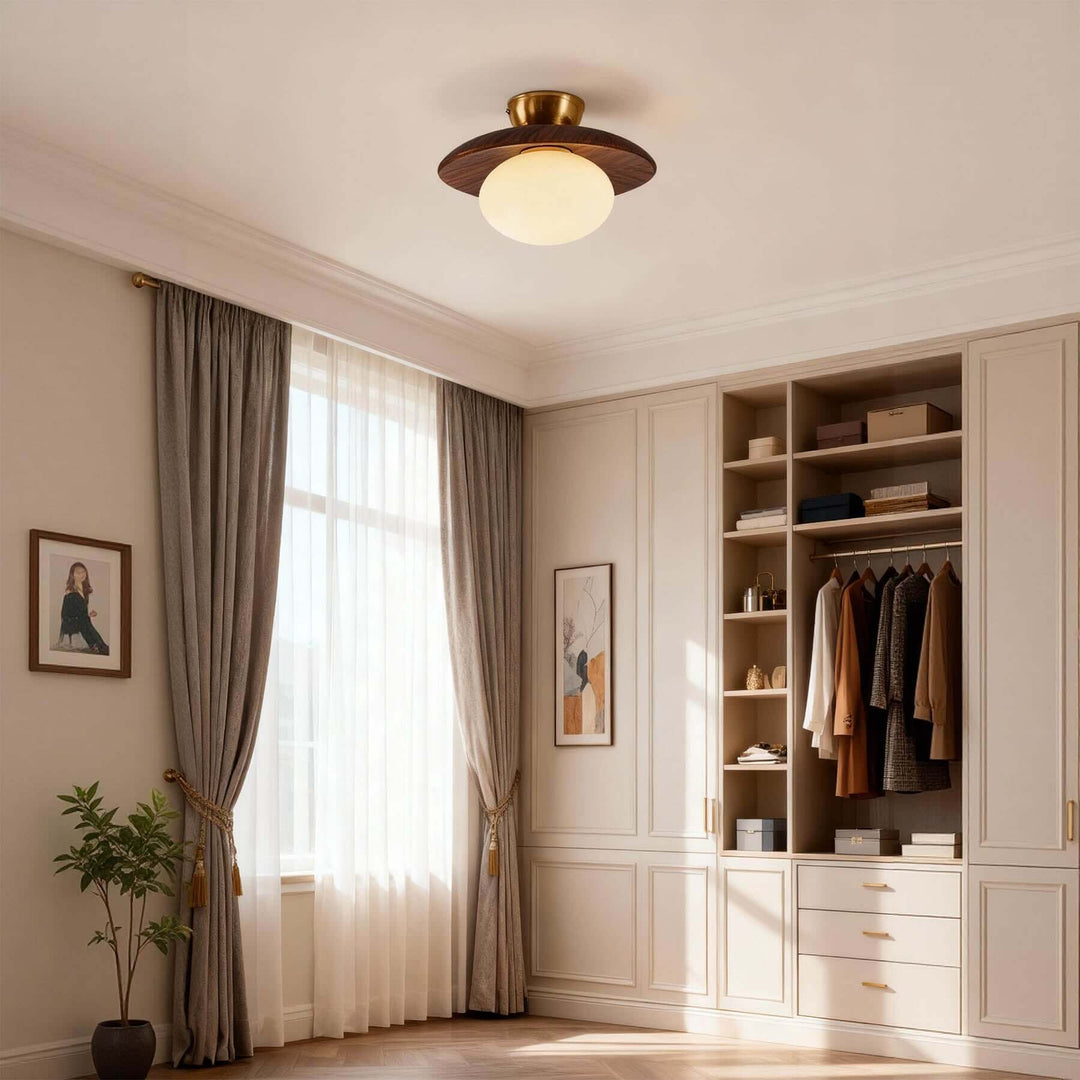 Brown wood and frosted glass ceiling light in a walk-in closet