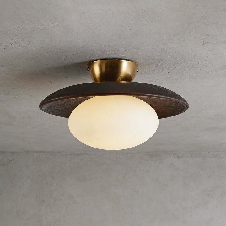 Brown wood flush mount ceiling light with an illuminated frosted glass globe
