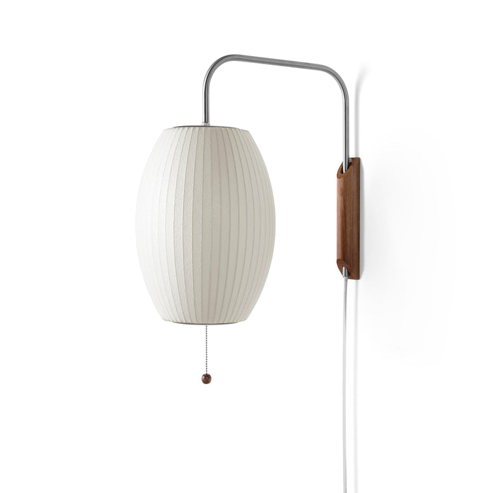 Oval Bubble Ball wall sconce with pull chain, plug cord, walnut mount, and curved metal arm