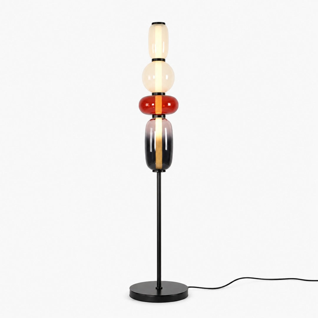 Candied Glass Floor Lamp Model A Red with stacked cream, clear, red, and smoky glass shades on a black base.
