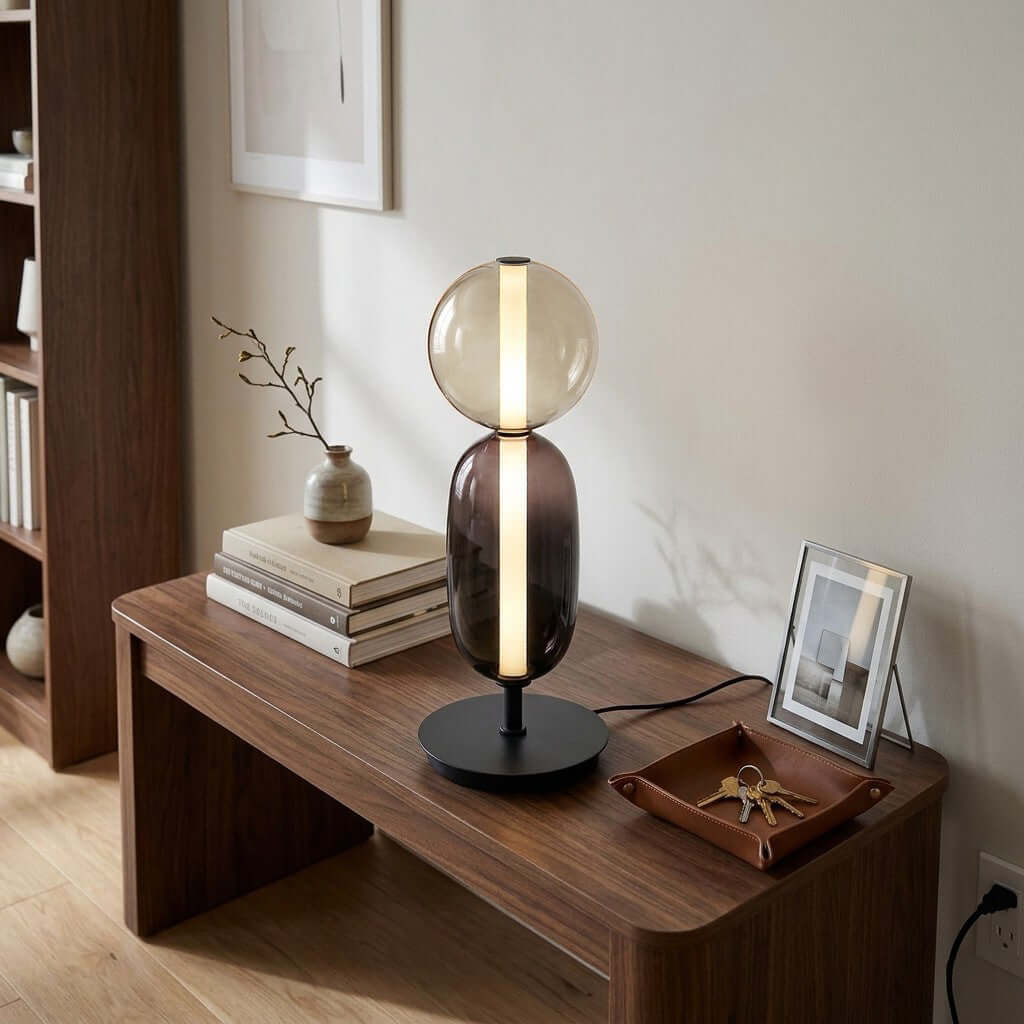 Candied Model A smoked glass table lamp glowing on a wood console with books and framed decor
