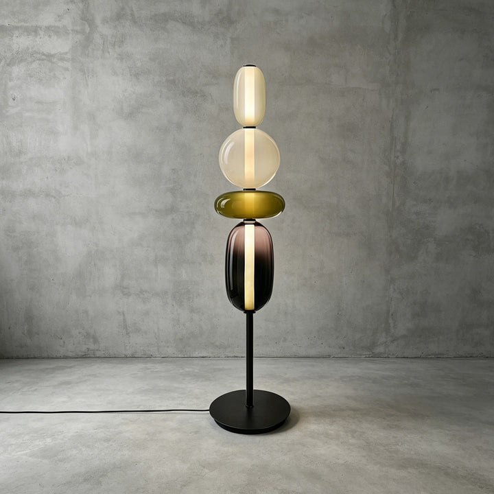 Standard-height Candied Model A Green floor lamp with clear, olive green, and smoky stacked glass.