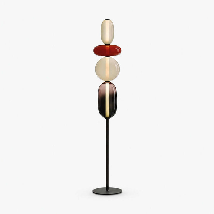 Candied Glass Floor Lamp with a red oval shade above a clear globe and smoky lower glass on a white background.