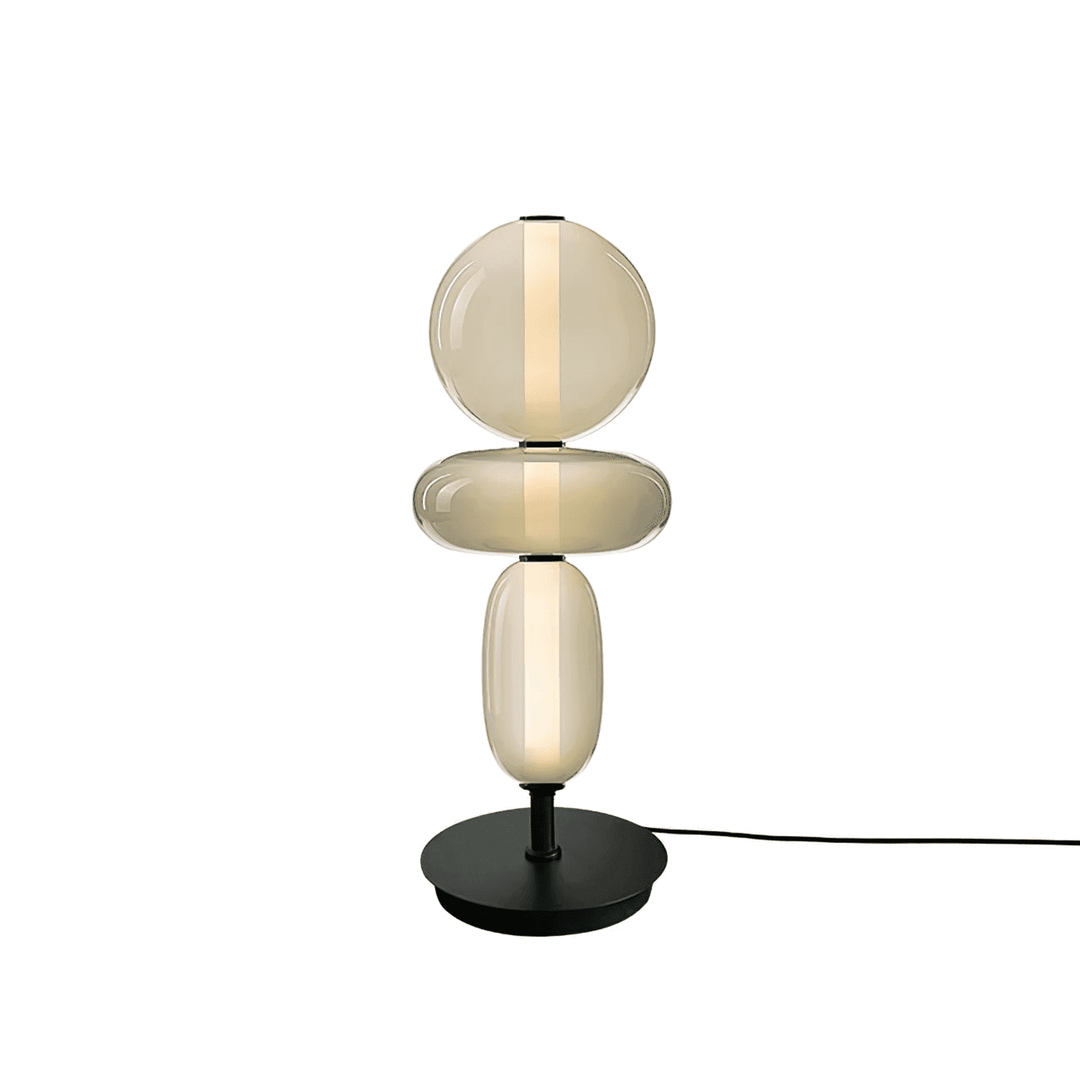 Model B Green table lamp with champagne globe, olive glass disc and pale oval lower shade