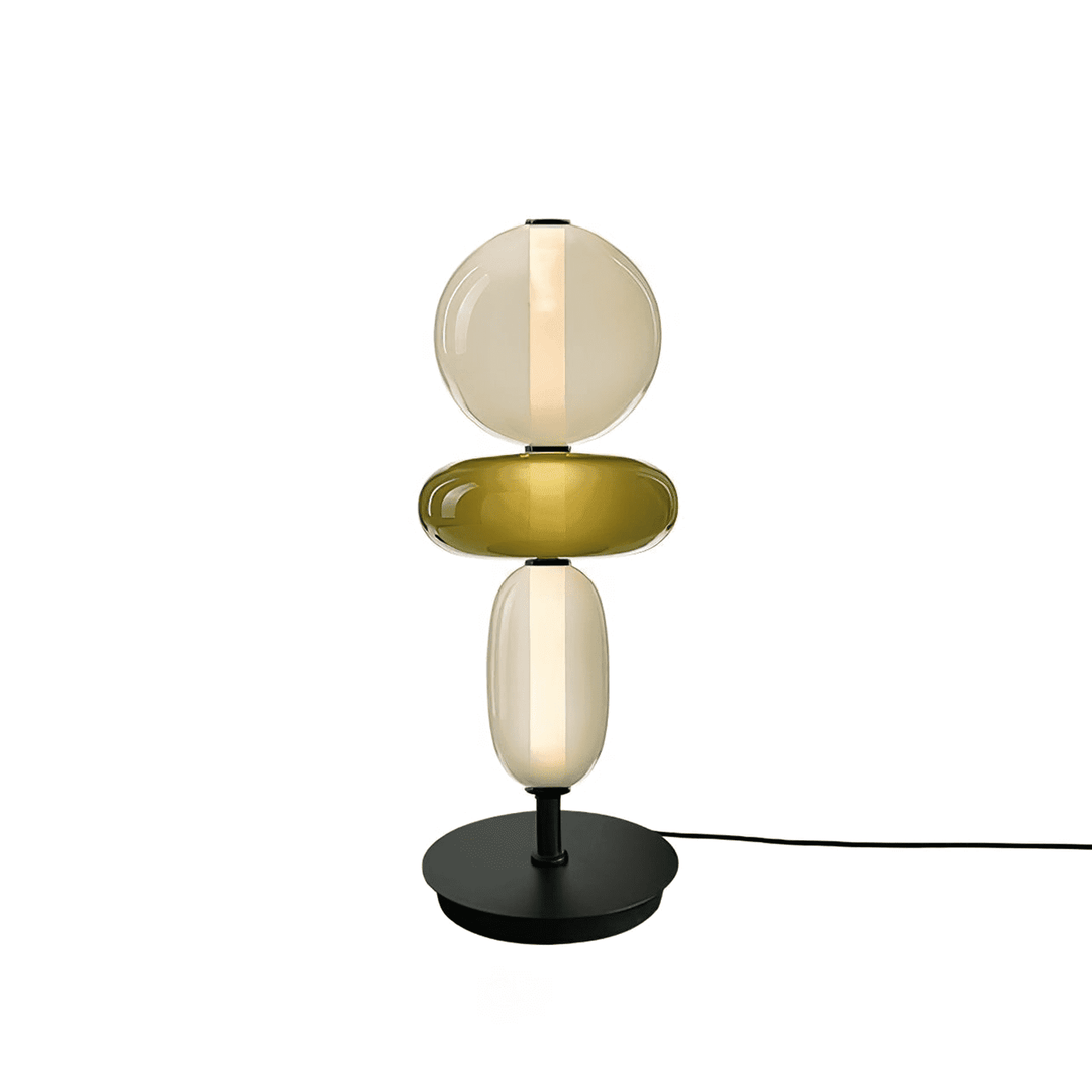 Model B Red table lamp with champagne globe, red glass disc and pale oval lower shade