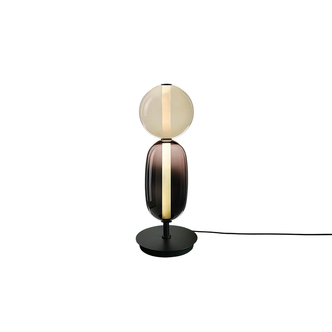 Model B White stacked glass table lamp with globe, rounded disc and oval shade on a black base