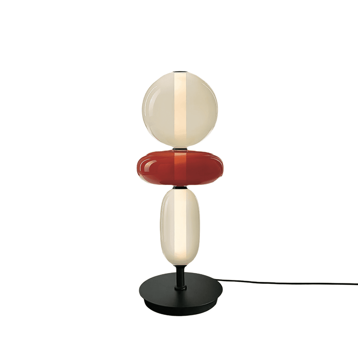 Model C stacked glass table lamp with champagne globe, red center orb and white oval shade