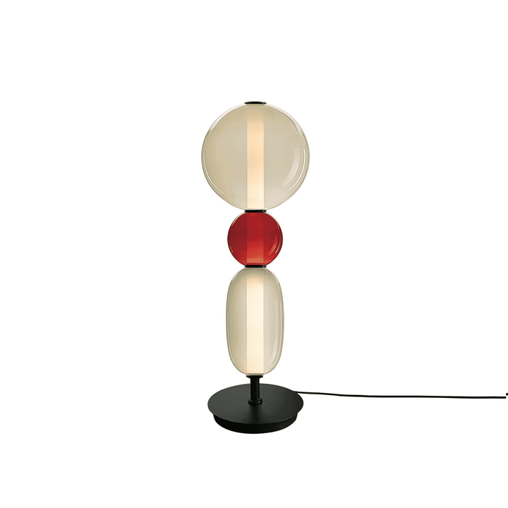 Model D colorful table lamp with smoky oval, olive glass disc and red spherical lower shade