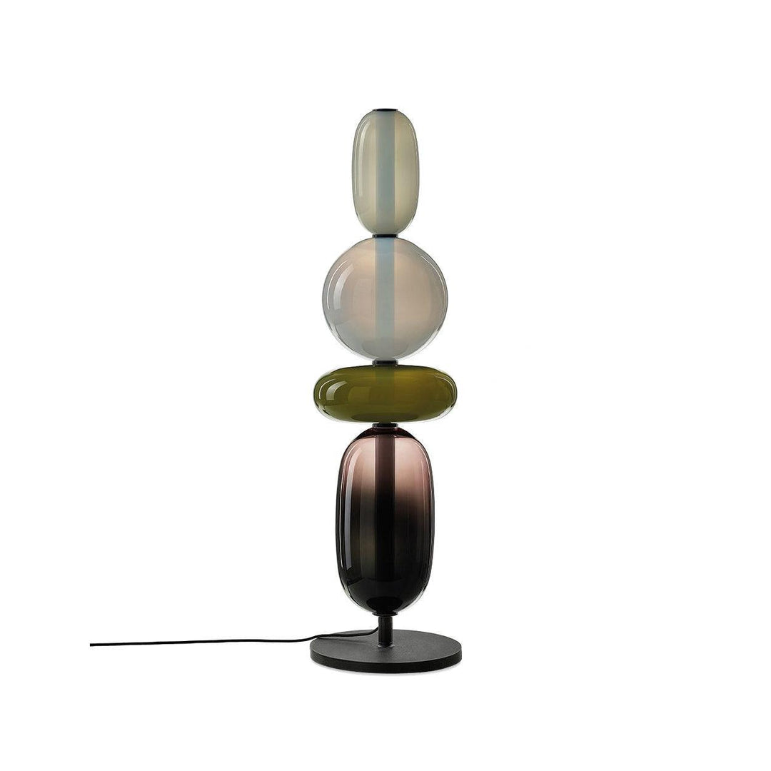 Model E Red tall glass table lamp with pale capsule, globe, red disc and smoked oval body