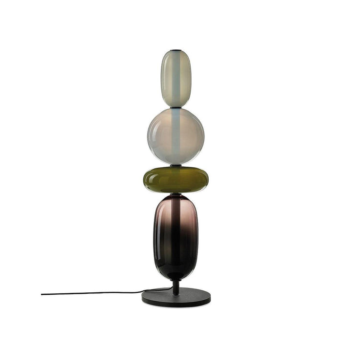 Model E Red tall glass table lamp with pale capsule, globe, red disc and smoked oval body