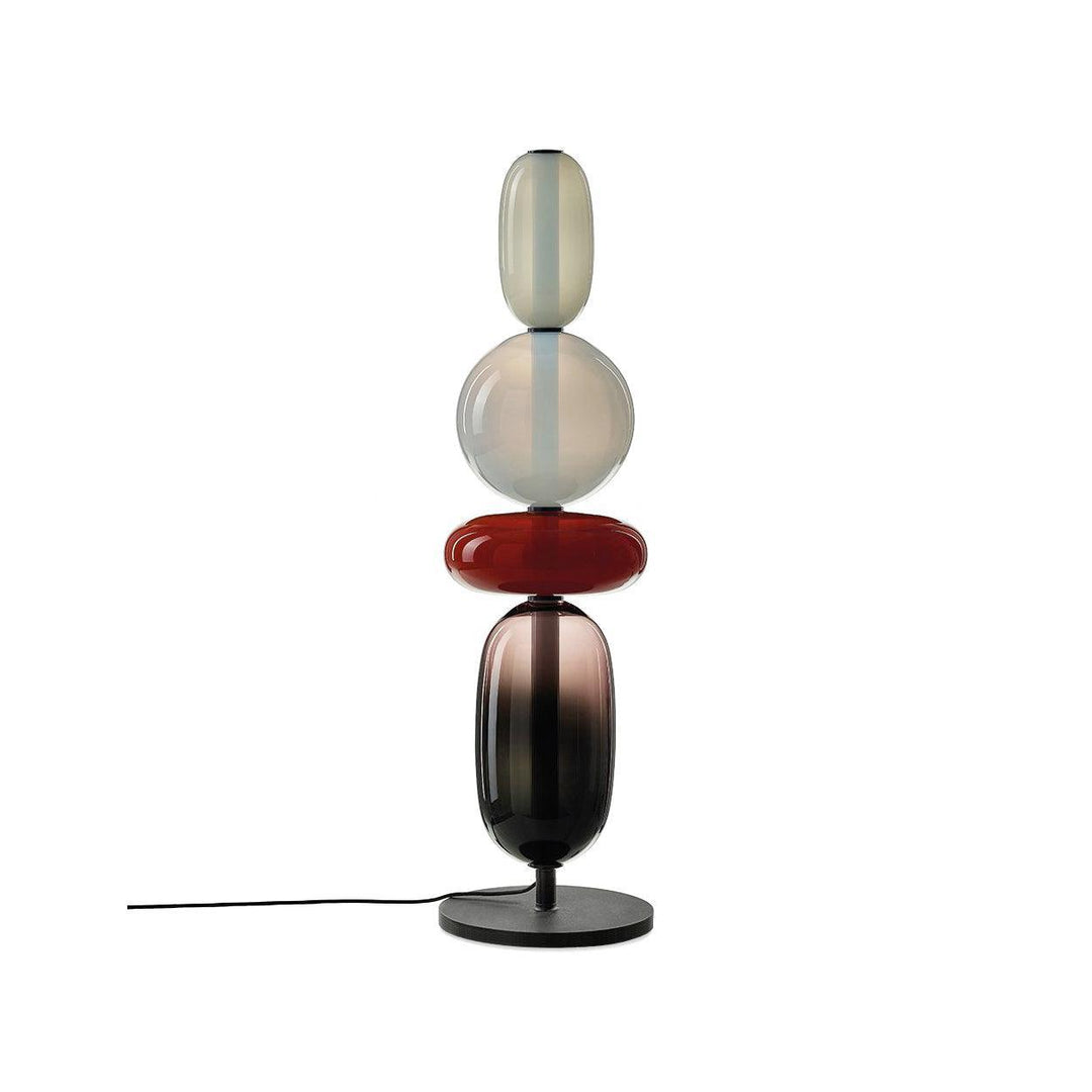 Model F glass table lamp with champagne globe, red rounded disc and smoked oval lower body