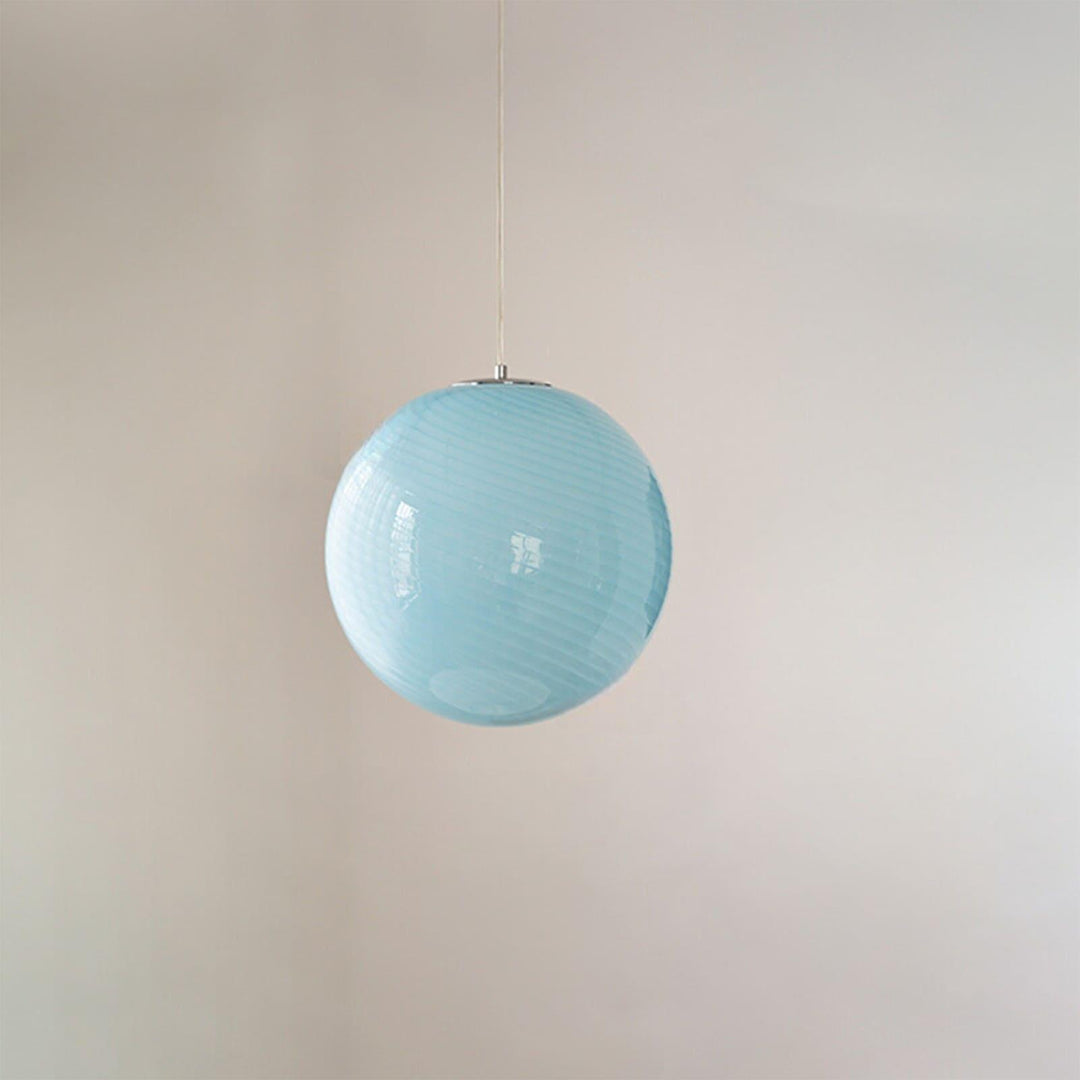 Light blue round Candy Glass Pendant Light with a spiral ribbed shade and silver top cap.
