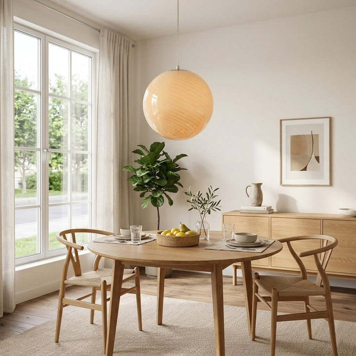 Yellow Candy Glass Pendant Light centered above a round wood dining table in a bright dining room.