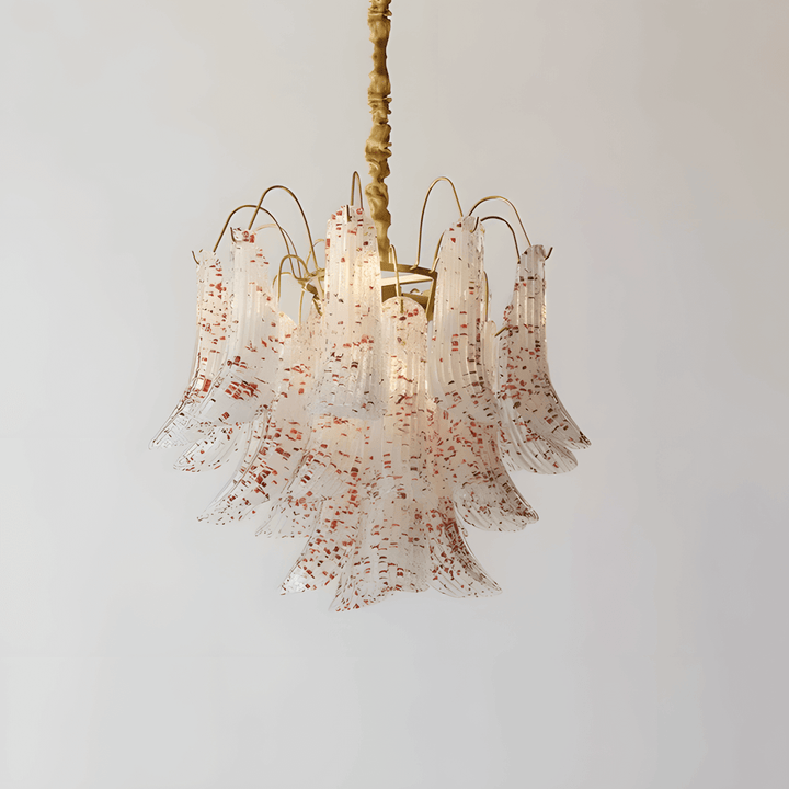 Angled view of a colorful Murano glass chandelier with cascading curved panels