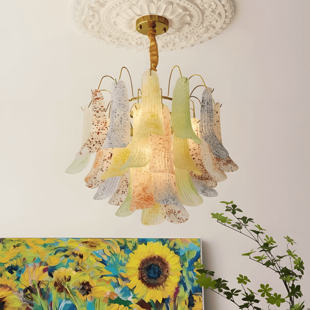 Colorful Murano glass chandelier mounted beneath an ornate ceiling medallion