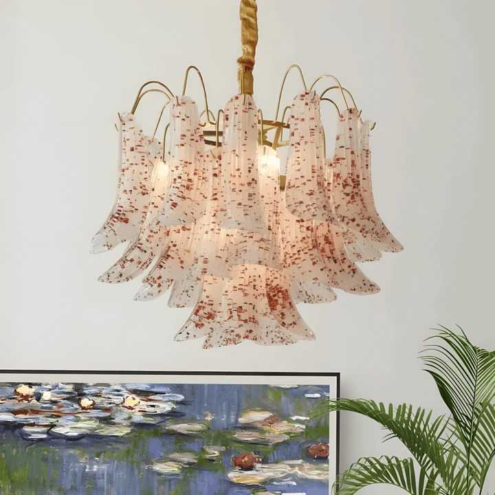 Colorful Murano glass chandelier with layered hand-blown panels on a white background